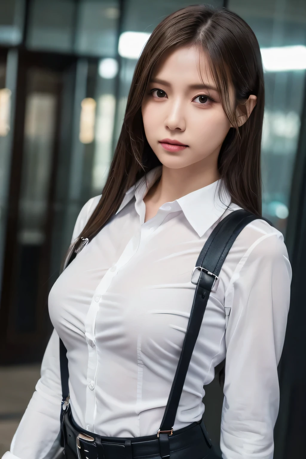 a woman in a suit, belt, hands behind back, sweating, suspenders, black pants, sexly, large breasts, see-through clothing, rain, detective, office worker, white button-up shirt, (best quality,4K,8k,highres,masterpiece:1.2),ultra-detailed,(realistic,photorealistic,photo-realistic:1.37),hyper-detailed,highly detailed face and body, Slender thin suspenders Moderate breasts See-through shirt Nipples holster chain Pistol Armament criminal Female criminal knife