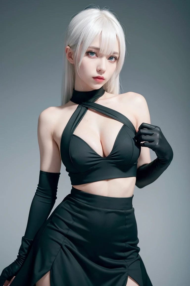 White Haired Girl,With bangs, Black gloves, Crop top, skirt, Goth, Green Eyes,4K, masterpiece, Perfect body, Dry,Perfect Eyes, Perfect Shading, Perfect lighting, Highest quality, Artwork, Super detailed, Detailed clothing