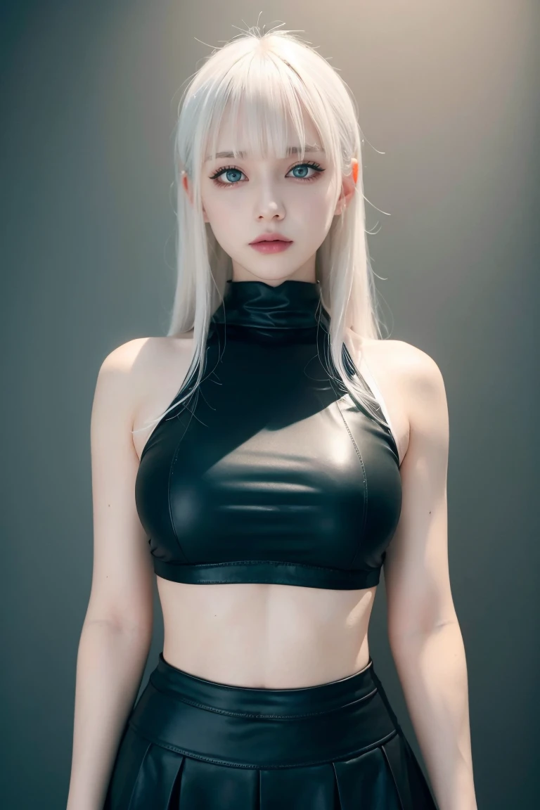 White Haired Girl,With bangs, Black gloves, Crop top, skirt, Goth, Green Eyes,4K, masterpiece, Perfect body, Dry,Perfect Eyes, Perfect Shading, Perfect lighting, Highest quality, Artwork, Super detailed, Detailed clothing