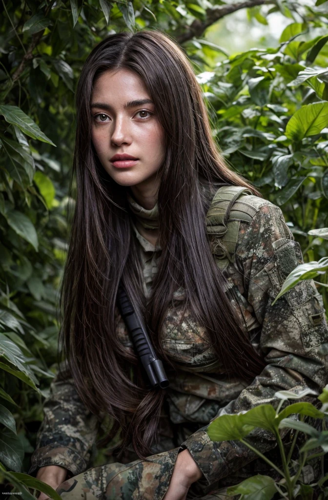 4K image of female sniper hiding in leaves., Wear a ghillie suit., Wear a sniper style camouflage uniform. ,Dark color, Masterpiece, Soft lighting and atmosphere, (god rays)
