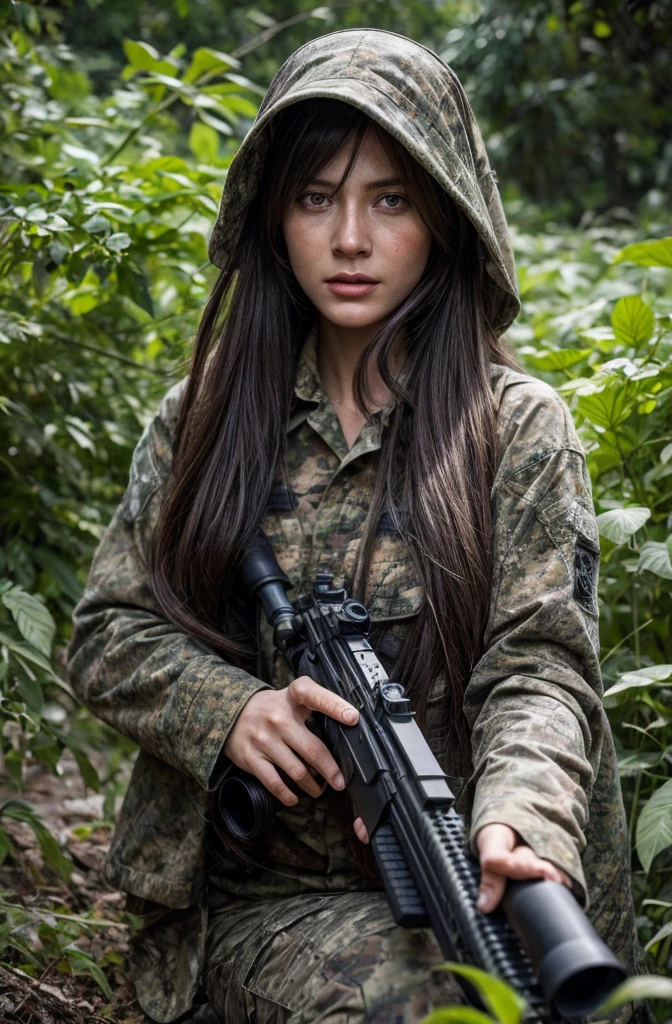 4K image of female sniper hiding in leaves., Wear a ghillie suit., Wear a sniper style camouflage uniform. ,Dark color, Masterpiece, Soft lighting and atmosphere, (god rays)