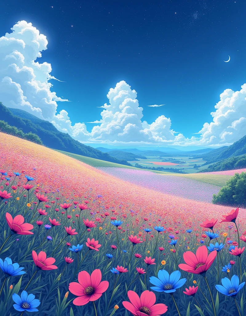 "Create a highly detailed anime-style illustration of a vast, enchanting field full of vibrant, fantasy flowers under a partly cloudy sky. The scene is set on a gently sloping hill, with the flowers in every color imaginable, creating a dreamlike, almost surreal atmosphere. The landscape should resemble a beautiful anime nature wallpaper, capturing the tranquility and peacefulness of the setting.
In the background, a lush, flowery hill adds depth to the scene, with the vibrant blossoms contrasting against the soft, cloudy sky. The blue flowers in the field should stand out, adding a touch of calmness to the otherwise colorful landscape. The entire scene should evoke the aesthetics of a colorful anime movie background, with a strong focus on the harmony between nature and fantasy.
As the viewer's eye moves across the scene, they should be drawn into the rich, picturesque colors that make the landscape appear almost otherworldly, as if it were a dream. The night sky, full of stars and illuminated by a subtle glow, adds a touch of magic to the field, making the flowers appear even more vibrant and surreal, like something out of a psychedelic dream.
The artwork should be a 4K UHD digital painting, emphasizing the richness of colors and the intricate details of every flower, leaf, and cloud. The overall composition should be a beautiful blend of realism and fantasy, capturing the essence of dreamy anime landscapes and creating a gorgeous, peaceful atmosphere that feels both serene and otherworldly. The digital painting should be highly detailed, showcasing the stunning beauty of nature in an anime art style
