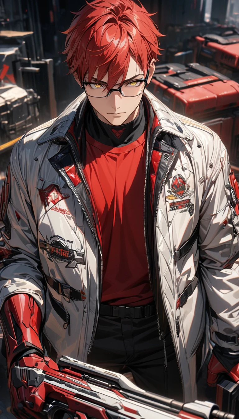 adult guy, male, short red hair, glasses, yellow eyes, black trousers, long white leather coat, red cyborg hand, red tight shirt, guns, Masterpiece, best quality, Full HD, 8k, ultra details, great graphic