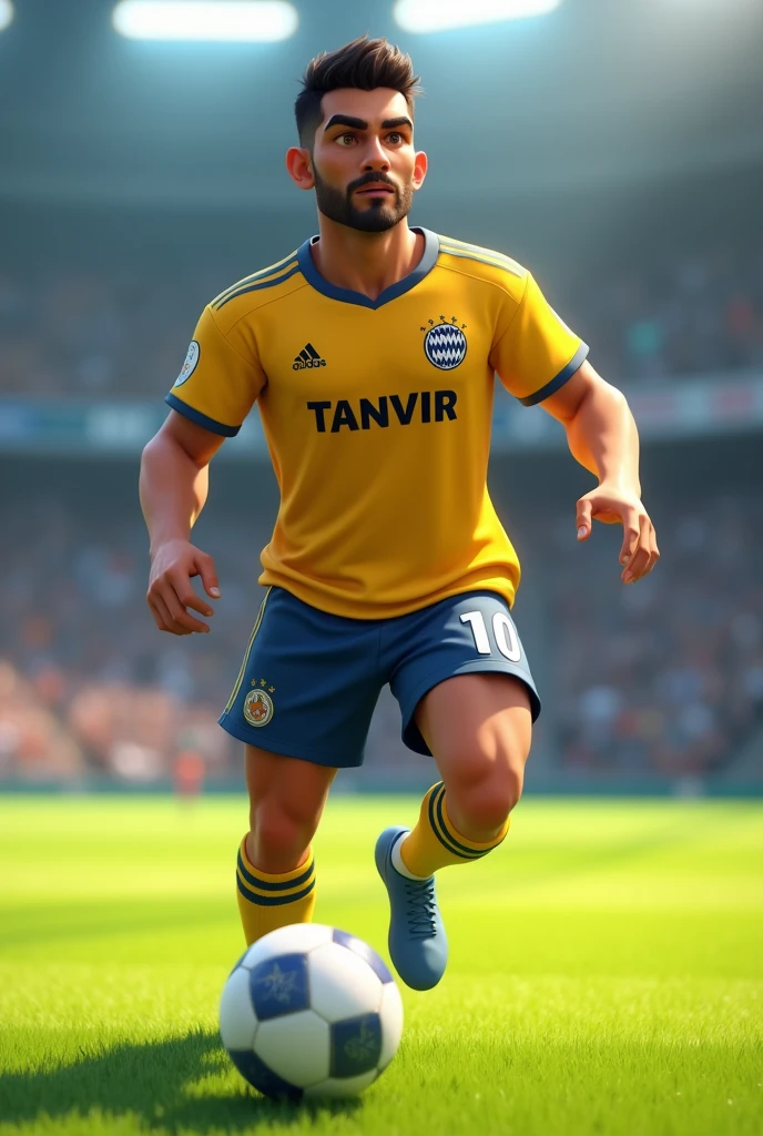 Create animation character 30 year old. He playing
Football and Jersey name Tanvir. Jersey colour yellow.