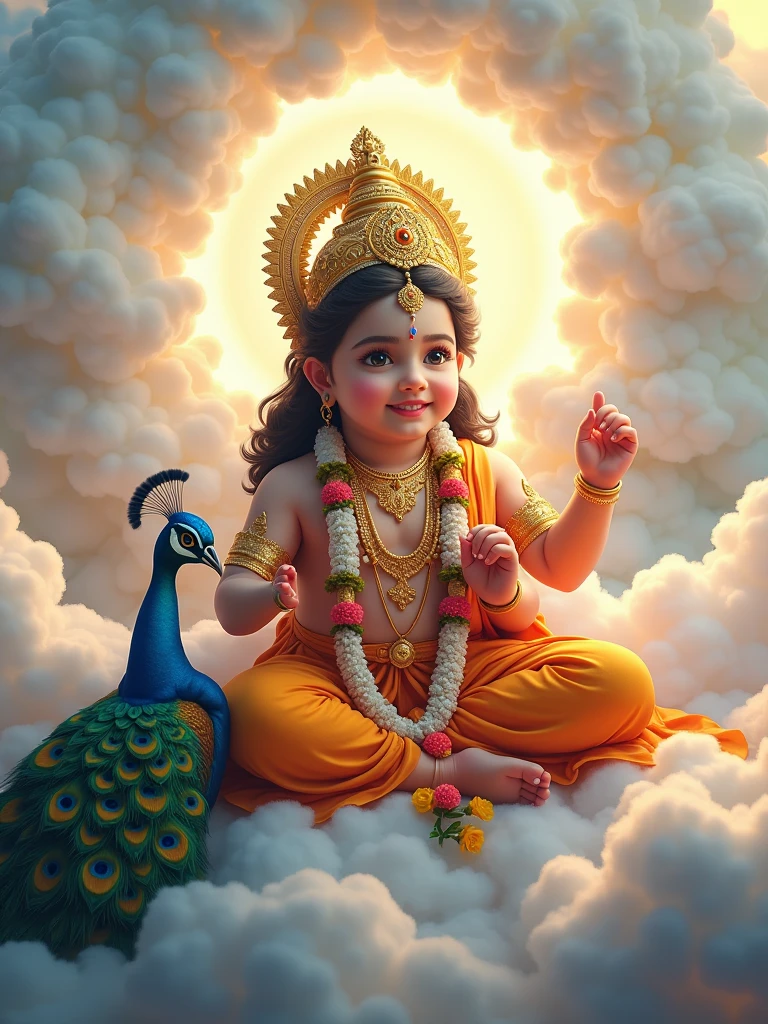 A divine kartikeya resembling a young deity is depicted seated amidst fluffy white clouds, surrounded by a radiant light. The Kartiya wears an ornate golden crown and colorful traditional attire, adorned with intricate jewelry and floral garlands. In one hand, the deity holds a ceremonial staff, while a peacock is positioned at the feet, adding to the ethereal ambiance. Behind the Kartikeya, a backdrop of peacock feathers enhances the majestic scene, phone realistic
