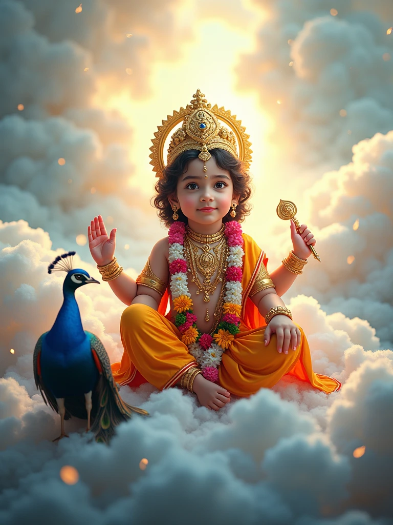 A divine kartikeya resembling a young deity is depicted seated amidst fluffy white clouds, surrounded by a radiant light. The Kartiya  wears an ornate golden crown and colorful traditional attire, adorned with intricate jewelry and floral garlands. In one hand, the deity holds a ceremonial staff, while a peacock is positioned at the feet, adding to the ethereal ambiance. Behind the Kartikeya, a backdrop of peacock feathers enhances the majestic scene, phone realistic