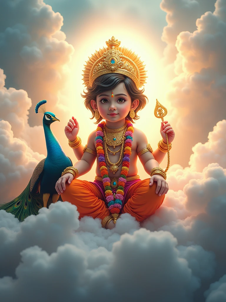 A divine kartikeya resembling a young deity is depicted seated amidst fluffy white clouds, surrounded by a radiant light. The Kartiya  wears an ornate golden crown and colorful traditional attire, adorned with intricate jewelry and floral garlands. In one hand, the deity holds a ceremonial staff, while a peacock is positioned at the feet, adding to the ethereal ambiance. Behind the Kartikeya, a backdrop of peacock feathers enhances the majestic scene, phone realistic