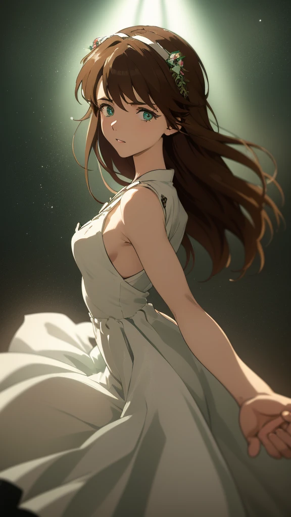 a beautiful young girl with short flowing brown hair, piercing green eyes, perfect eyes  delicate features, wearing a White Dress inspired by Evangelion, detailed and, best quality, highly detailed, photorealistic, studio lighting, cinematic, dramatic lighting, vibrant colors, ethereal, mystical, intricate details