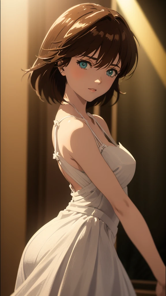 a beautiful young girl with short flowing brown hair, piercing green eyes, perfect eyes  delicate features, wearing a White Dress inspired by Evangelion, detailed and, best quality, highly detailed, photorealistic, studio lighting, cinematic, dramatic lighting, vibrant colors, ethereal, mystical, intricate details