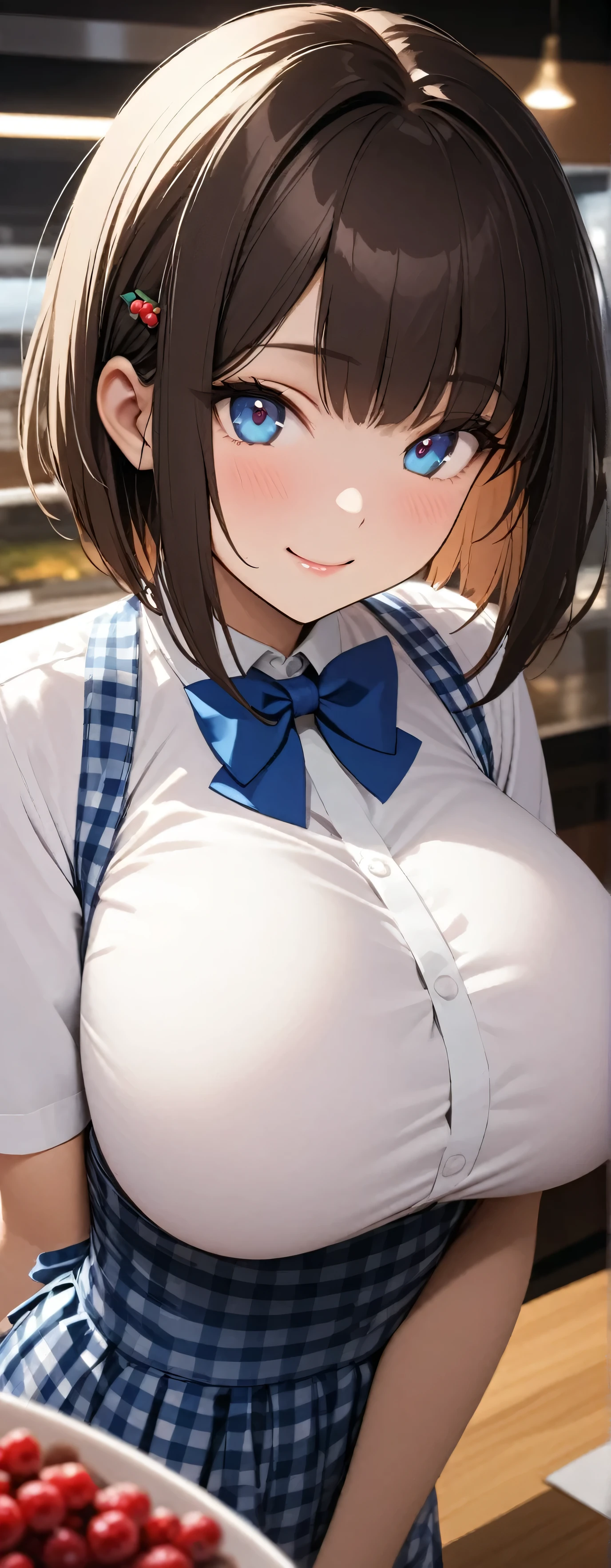 Beauty: 1.3),One person,masterpiece, Highest quality, Ultra-high resolution,Rich contrast,super high quality,8k,Highly detailed CG unit wallpaper,texture,Unbelievably absurd,Ultra-high resolution,RAW Photos,Depth of Field 1.2,crew, blue bow, blue bowtie, white shirt, short sleeves, blue skirt, blue apron, gingham apron, employee uniform, high-waist skirt, waitress,(Brown Hair,Sharp bob,Berry Short),happy,Very fine eye,bigeyes,looking pleasured, (Perfect hands, Perfect Anatomy),Glowing Skin,Cute cat hairpin,restaurant,Beautiful glossy lips,pinup,((extreme close-up)),light smile,(Large Breasts:1.5)