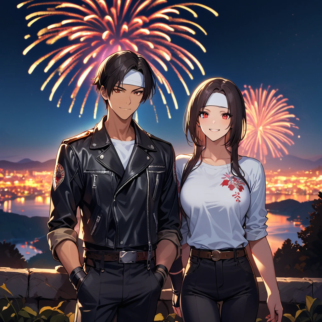 Orochkijo, dark skin, couple, two people, man and woman, red eyes, ((rolled-up black leather jacket)), fingerless gloves, black hair, white T-shirt, ((white headband)), black pants, white shoes, brown belt, handsome, shot, attractive, masterpiece, high resolution, fine face, fine grain, night, blue sky, confident Smiling, With lover, Vivid Fireworks Plitvice Lakes National Park in the background, Croatia, Standing, Both Man and Woman Wearing Identical Clothing and Haircut, Hand on Chin, Toothy Smile, Gaze