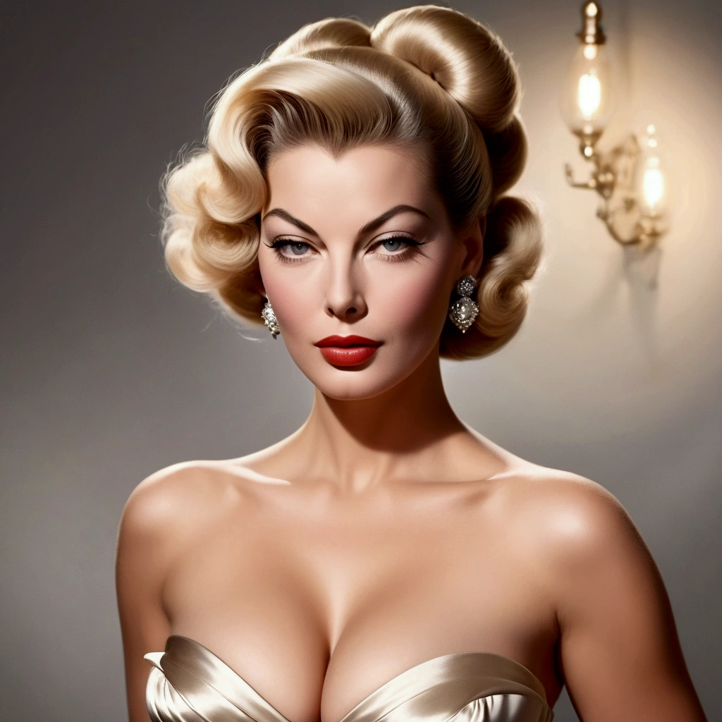 HYBRID FACE BETWEEN AVA GARDNER AND ANITA EKBERG , BUST IMAGE STYLE, STUDIO IMAGE STYLE, DIFFUSED LIGHTS ON FACE, STRONG BACK LIGHTS, CLOSE FACE SHOT, LIGHT BLONDE HAIR, BUN HAIR STYLE, VERY VOLUMOUS, HUGE STRAIGHT HAIR, VERY LIGHT BLONDE HAIR, VERY PALE SKY, HIGH CHEEKBONES, ROSY CHEEKS, GORGEOUS LIPS, SOFT LIPSTICK, FREE COLLAR BODY REGION, VOLUMOUS , STRAPLESS CLEAVAGE, ENIGMATIC FACE EXPRESSION, HIGH QUALITY IMAGE, MASTERPIECE, 8K