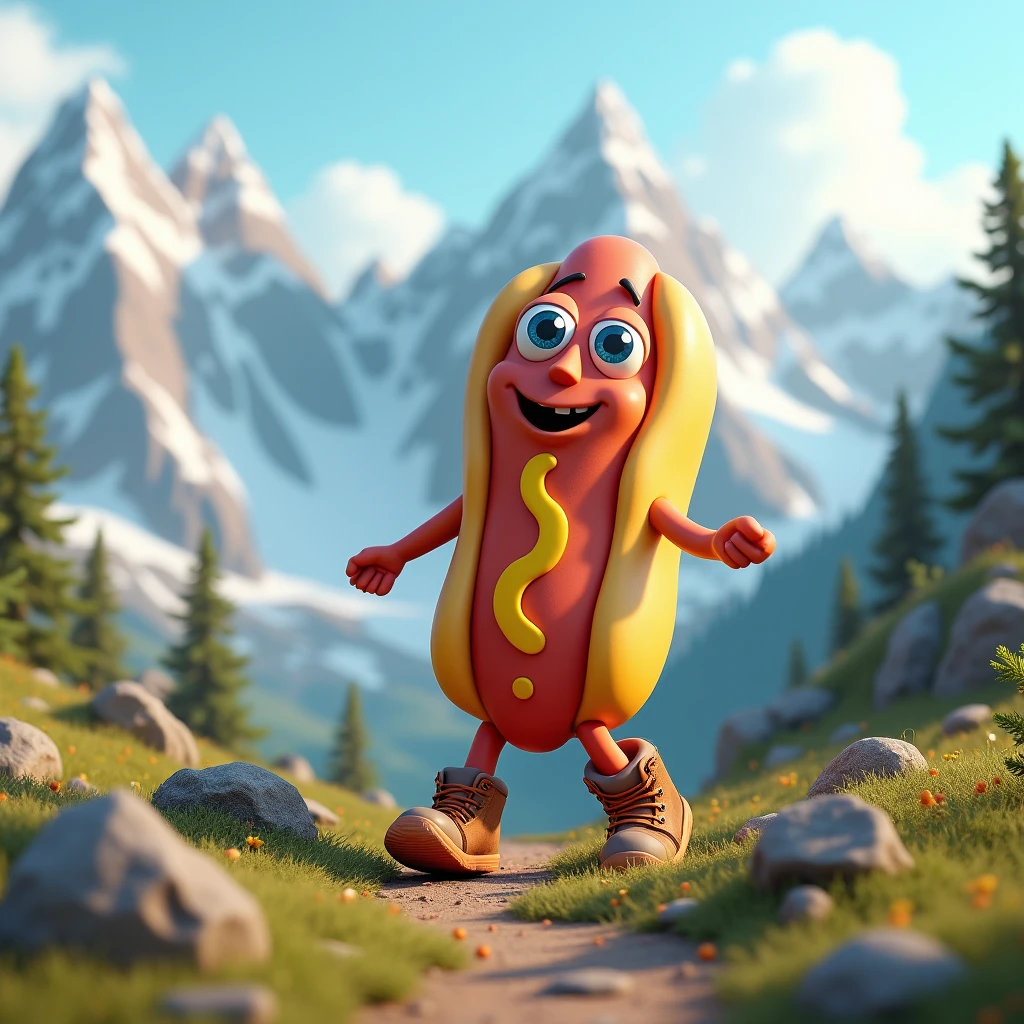 A hot dog with eyes, arms and legs wearing hiking boots. He is walking in the mountains.