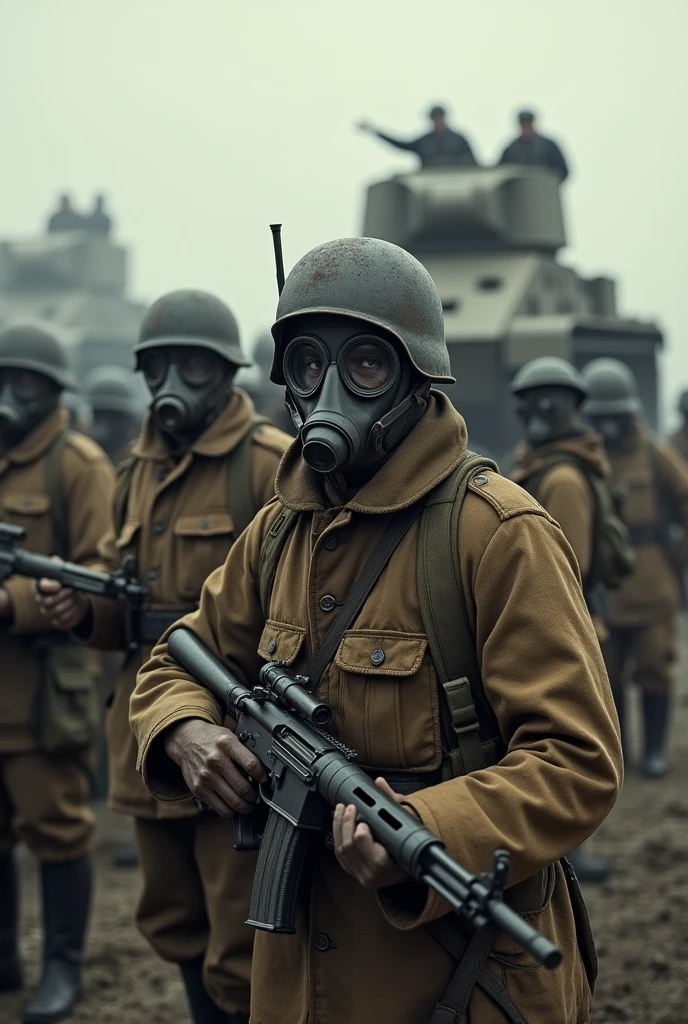 Hello, Please create a picture of World War I. realist. With gas masks, and on the other side are the enemies with gas masks covering the entire face of the soldiers and weapons. And there are war tanks
