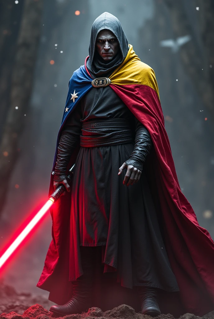 The country Venezuela as a Sith Lord from Star Wars, angular grey face, stars on Cape, red, yellow, Blue and white, red lightsaber, agressive, frightening, ultra-realistic