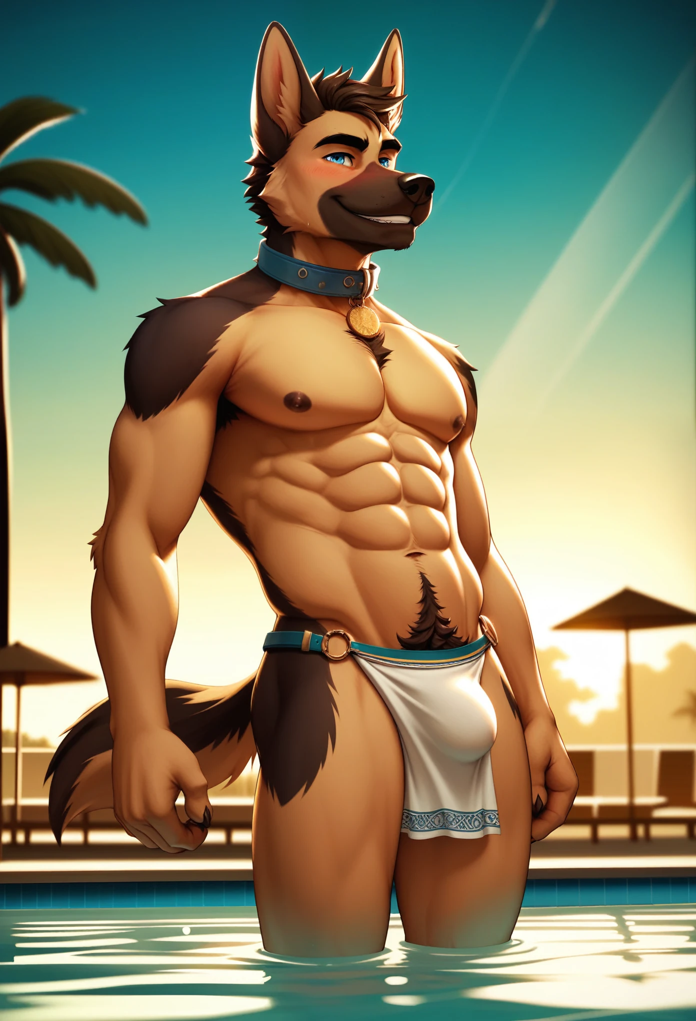 male, german shepherd, hairy, Smile, hairy, neutral,Hips,White loincloth,Crotch bulge,Eight-pack abs,Thin body,Swimming pool,Sunlight,holiday,Smile,Gentle eyes,blush,Handsome,collar,barefoot,Paws,Dynamic lighting, illustration, fair, particle (high quality,4K,8k,High resolution,masterpiece:1.2), Very detailed, Impressionism:rich and colorful,High-quality graphics