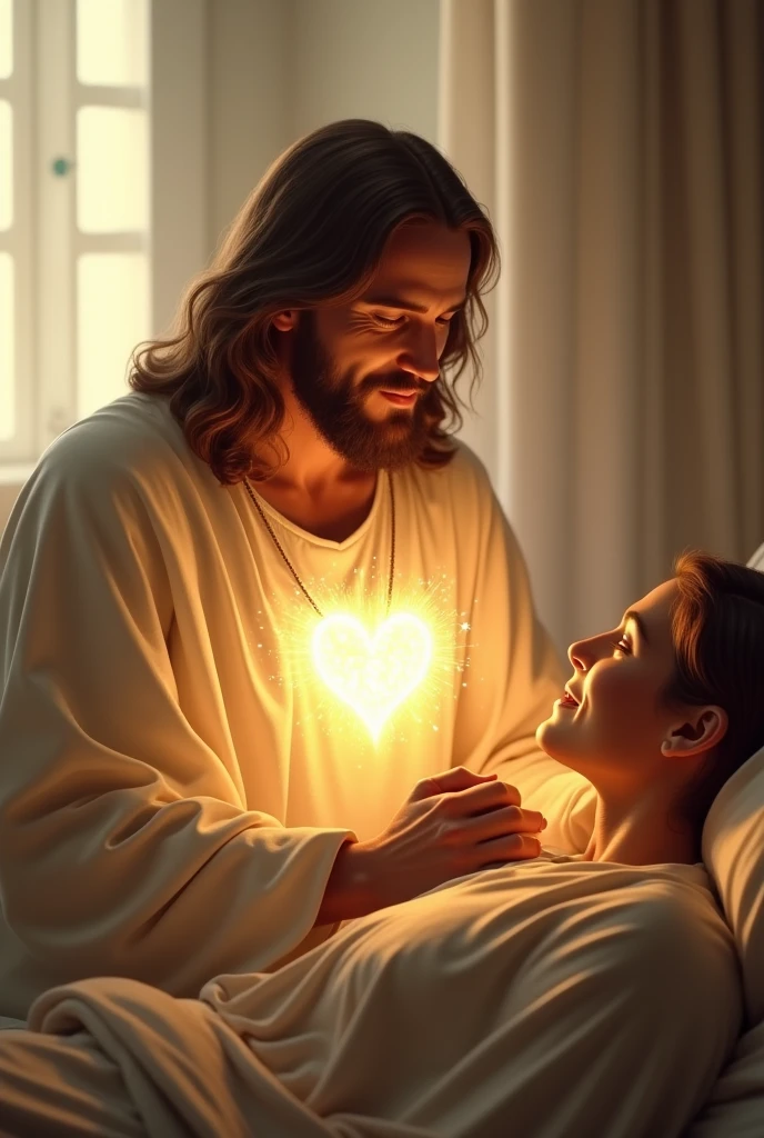 (photorealism:1.2), Handsome Jesus Christ, sitting on bed together with a sickness person holding their hand, the face of sickness person is visible, the light of his head and heart is sparkling all over, wearing the white color of beautiful king clothes, the light in his head and heart is sparkling, nice hair, indoors, soft lighting, hospital of bed ridden in the background, window with sunlight, cozy room, relaxed pose, realistic, intricate details, warm colors,
