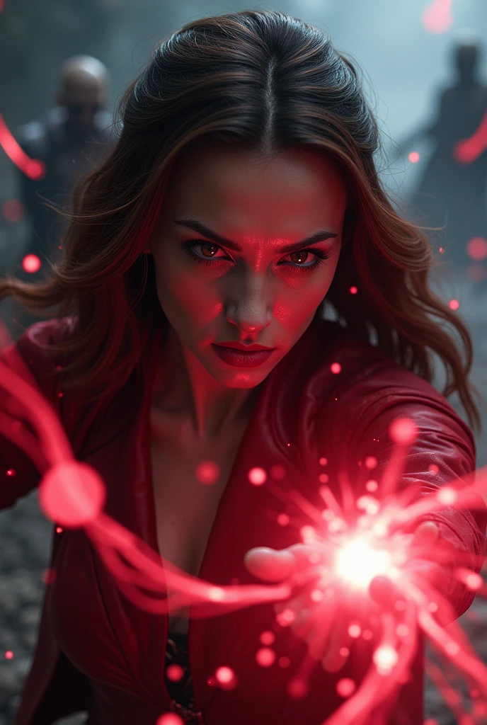 A scene from a movie, Marvel close-up shot of Scarlet Witch, Distorted Space, Twisted undead in the background, Lens flare, Light Shaft, Intricate details, Detailed, Volumetric lighting, 4K Rendering, Stock Photo, Ultra-realistic, Realistic Textures, Dramatic lighting, Unreal Engine