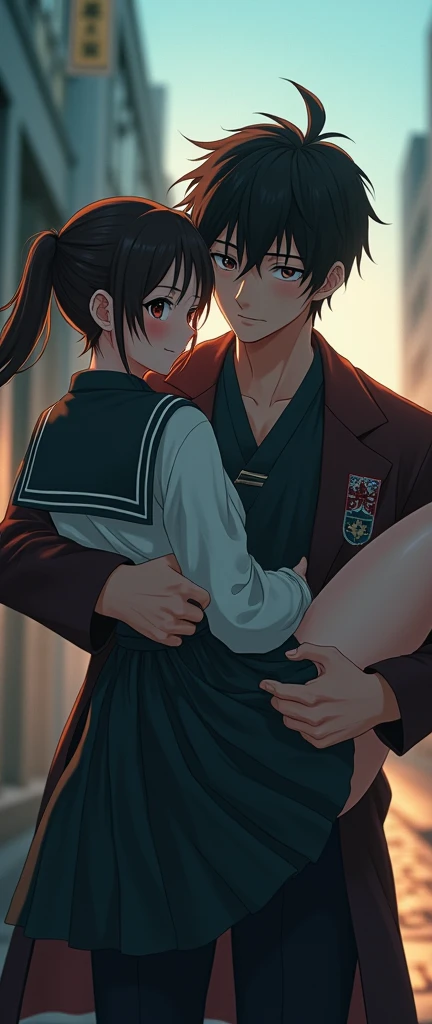 (32K:1.9, Realistic:1.9, Highest quality, masterpiece, Ultra-high resolution), Perfect dynamic composition, Highly detailed skin and facial textures:1.3, Detailed eyes, Detailed limbs, (Cute sexy slim Japanese schoolgirl, expensive、Slim Japanese high school student), Fair skin, ((Clarity:1.1)), ((Man is anime「Demon slayer」Cosplaying as Douma)), (The girls wear uniforms of blazers and red ties.), (A high school student is carrying a high school student:1.5), (Cunning Smile:0.9, Totally captivates you:0.9), (beautiful Blue Eyes, beautiful, Clear Eyes:0.8), Sexy Face:0.4, blush:1.1, (beautifulエロティシズムを醸し出す雰囲気:0.8), woman'She has her hair tied in a ponytail, Professional random camera work, Cinematic Lighting Effects, ((Full Body Shot)), ((Too erotic:0.9)) , romantic, mysterious, Object of admiration, original, dramatic, artistic, Innovative, charm, Heartful, Fancy, Tilt, sense of loss, special, exciting, Extreme, sense of openness, joy, joyの表現, ((若さのcharm, woman的なcharm))