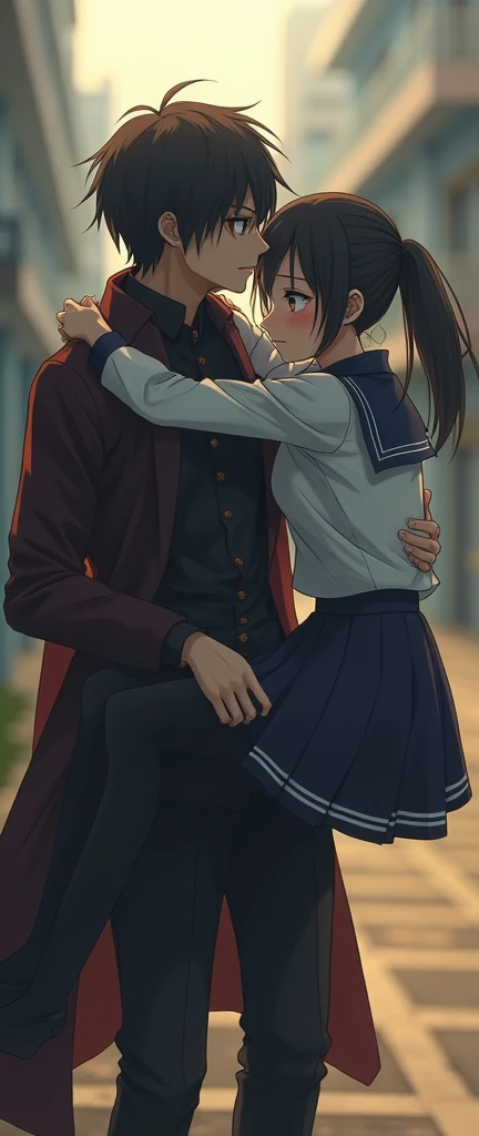 NSFW,masterpiece,Highest quality,High resolution,Super detailed,Nekone \(Utawarerumono\),Brown Hair、（Red Eye：1.3）、ribbon,Twin tails、ヘアribbon、Mole、目の下のMole,Small breasts,Fantasy World,Shopping Street,Alley,Japanese style,Removable sleeves,mini skirt,leotard,Half-naked,Open clothes,Embarrassed,blush,(Seduce),(Adult male),(A man puts his hands on her waist and hugs her),(Molester),Circling the body,hug,From the side