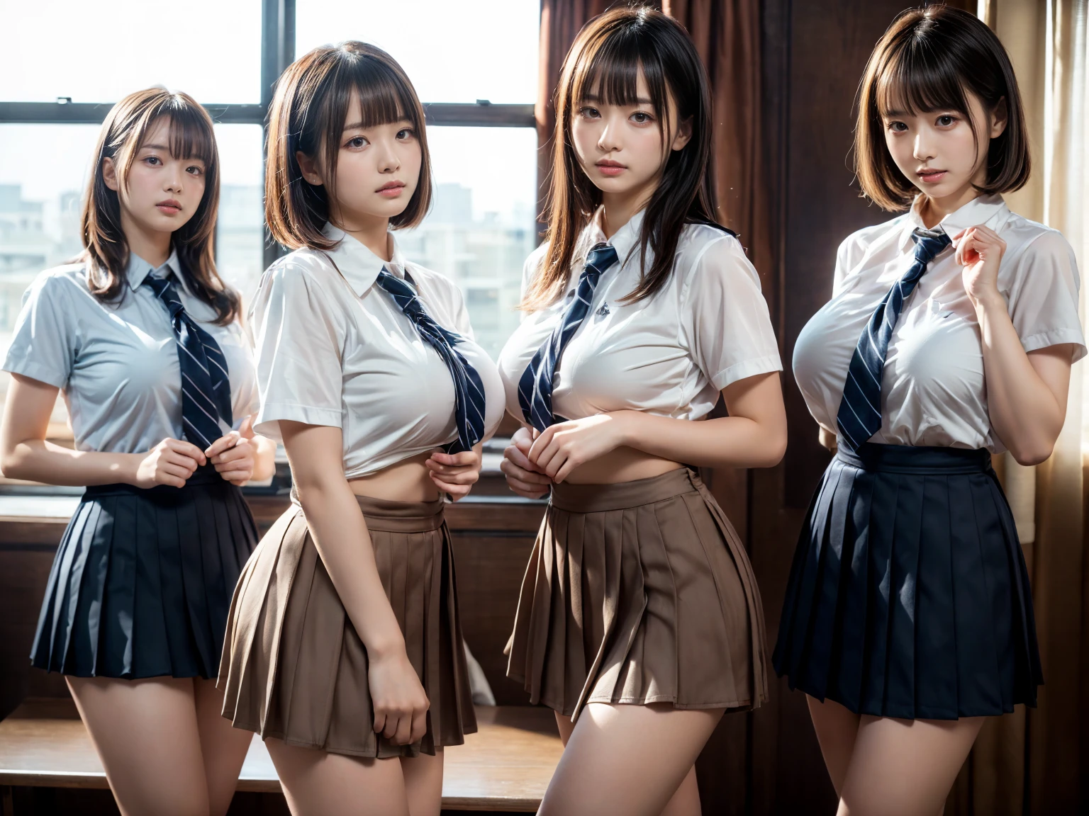 (RAW photo, 4k, masterpiece, high resolution, extremely complex) (realistic: 1.4), cinematic lighting
((2 girls, 2 schoolgirls)),Slam Dunk's,blushing,((innocent)),(Dark makeup),bright eyes,round eyes,blunt bangs,(short bob hair:1.3),black hair,large breasts,wide hips,Summer Noon, ,Hot, (Best Quality), (Highres), (an Extremely Delicate and Beautiful),(Beautiful 8k face),(Brown eyes),short bob hair,( spectators),(gigantic breasts),(Play with each other,Touching each other's bodies,Touching the body),(Japanese high school uniform:1.3),blue skirt,(reality),bright lighting,(The background is a luxury hotel room)