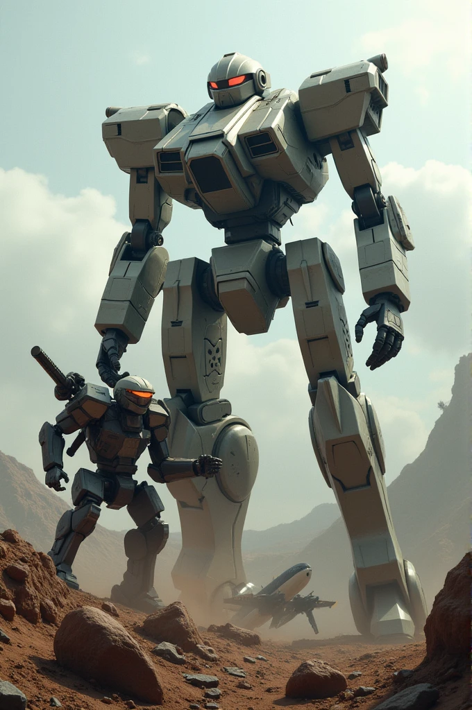 Create a image war robots battle field where 2 robots fighting each other one robot is on top of hill and other is down of the hill and beside of this robot half plane lying on the land