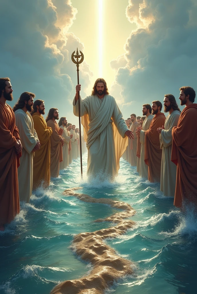 Jesus Christ with his staff opening the Red Sea with his disciples passing through the open sea