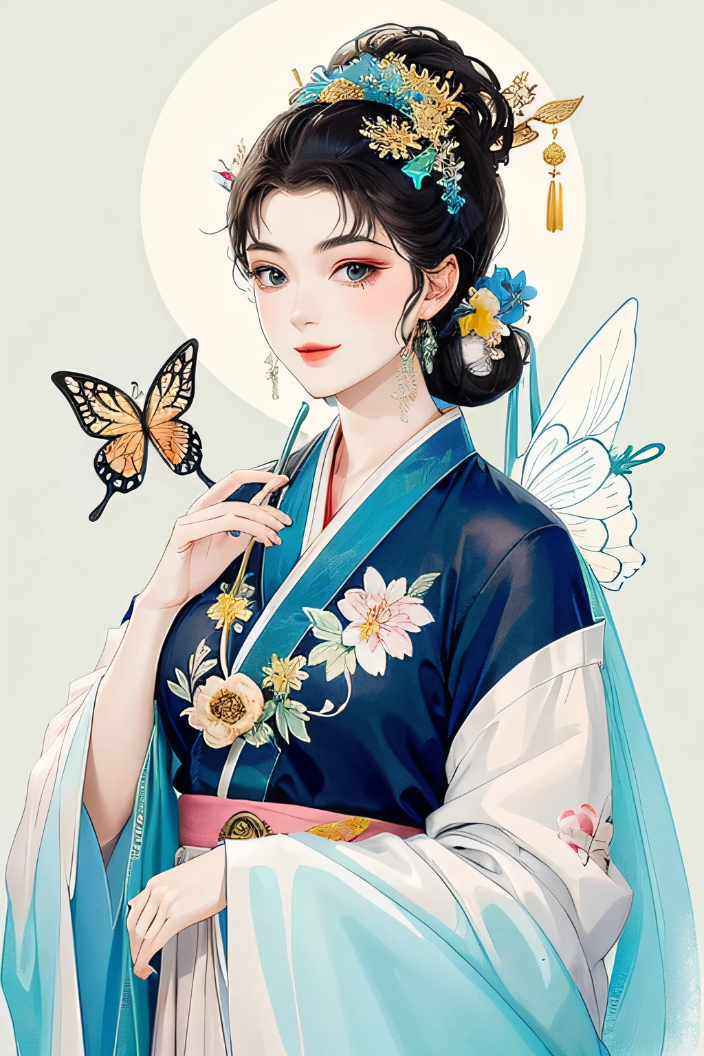 masterpiece, high quality,1girl,looking at viewer,east asian architecture,moon,butterfly, upper body,