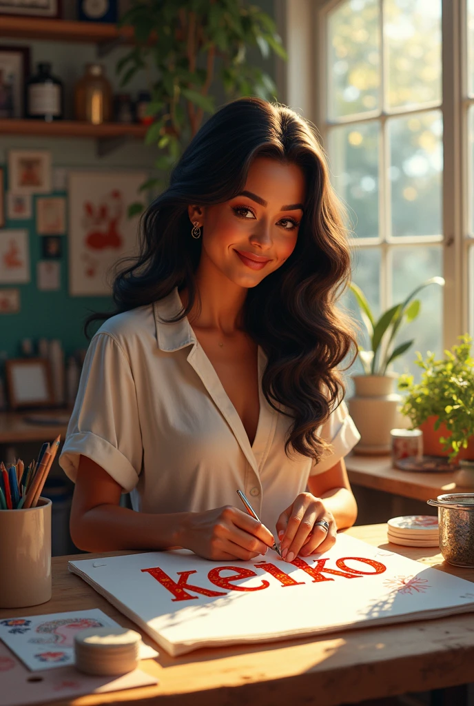 Radiant sun mixed race Japanese and Brazilian woman creating crafts sign with the words Keiko Creations written on it
