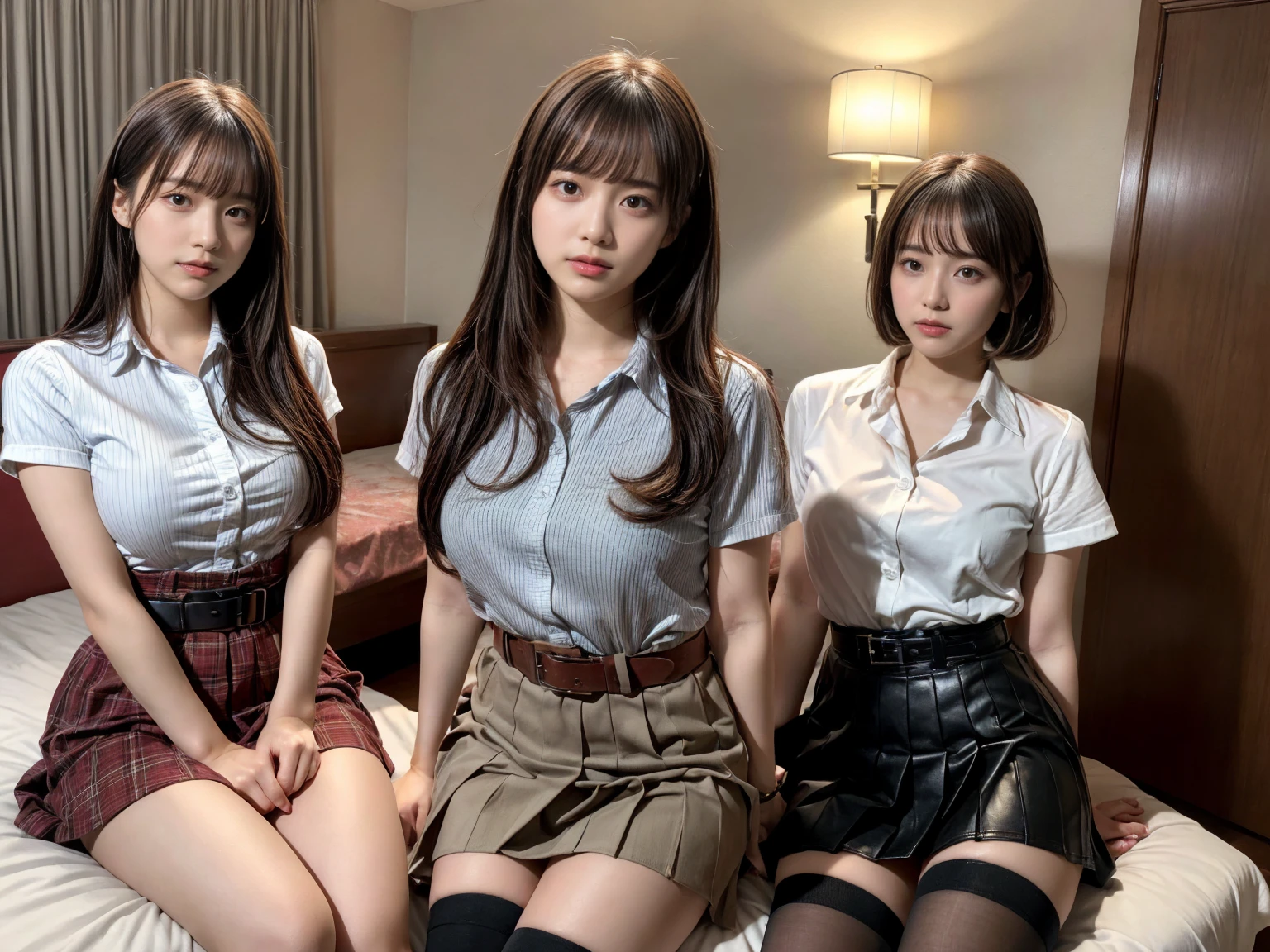 masterpiece, best quality, illustration, Super detailed, fine details, High resolution, 8K,wall paper, perfect dynamic composition,(Details High quality, realistic depiction of eyes:1.3), (2 girls), holster, bobby, Cutter shirt, a belt, suspenders, pleated skirt, garterbelts, knee high Stockings, sitting, open legs, short bob hair, in a hotel room in the background, deep on field, large breasts, black hair color, Big Natural Color Lip, (perfect body shape), crying a little、Harajuku style、20 year old girl、cute type、beautiful legs, Gravure Idol