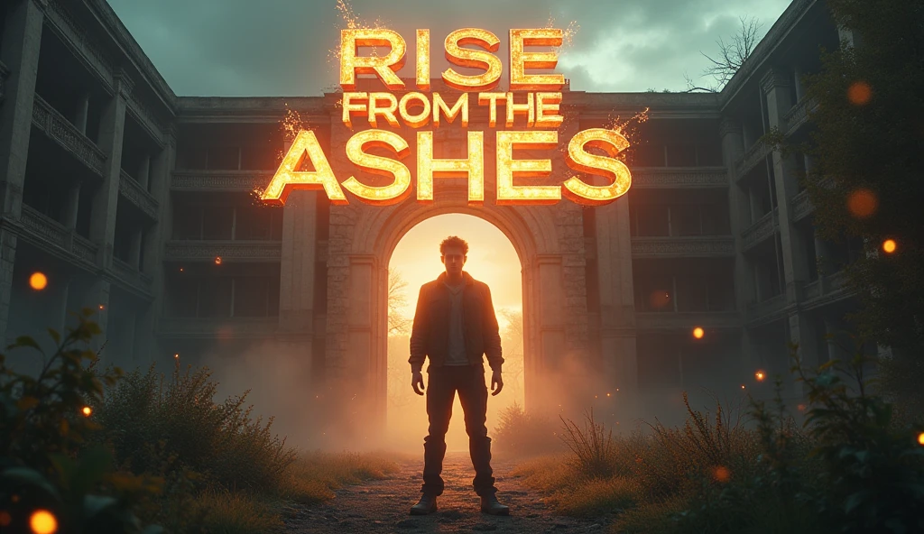 "Create a 3D-style YouTube thumbnail showing a dramatic, low-angle shot of the main character standing heroically in the center of an abandoned university campus. The campus is overgrown with vegetation, with crumbling buildings and broken windows adding to the desolate atmosphere. The character should have a determined expression, holding a glowing notebook that seems to emanate light, symbolizing hope and new ideas. Add intense lighting effects, with sunlight breaking through stormy clouds, casting a golden glow on the character. The text 'RISE FROM THE ASHES' should be in large, bold, metallic letters at the top, with a fiery texture and subtle embers floating around to add intensity."