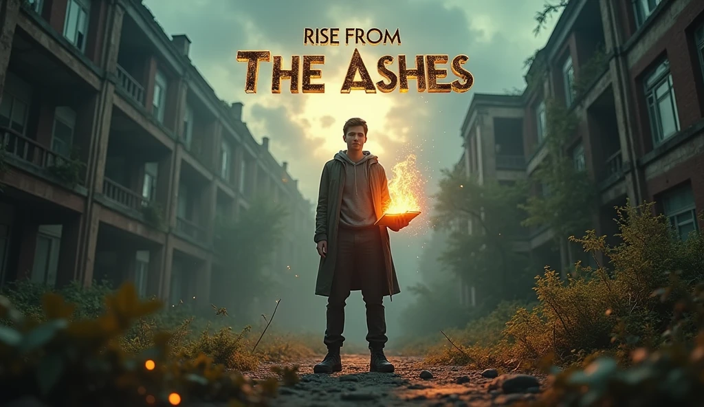 "Create a 3D-style YouTube thumbnail showing a dramatic, low-angle shot of the main character standing heroically in the center of an abandoned university campus. The campus is overgrown with vegetation, with crumbling buildings and broken windows adding to the desolate atmosphere. The character should have a determined expression, holding a glowing notebook that seems to emanate light, symbolizing hope and new ideas. Add intense lighting effects, with sunlight breaking through stormy clouds, casting a golden glow on the character. The text 'RISE FROM THE ASHES' should be in large, bold, metallic letters at the top, with a fiery texture and subtle embers floating around to add intensity."