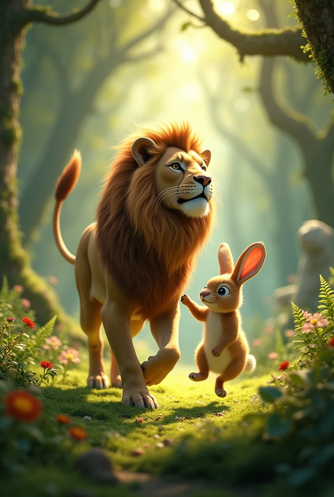 A lion dancing in the forest with the rabbit