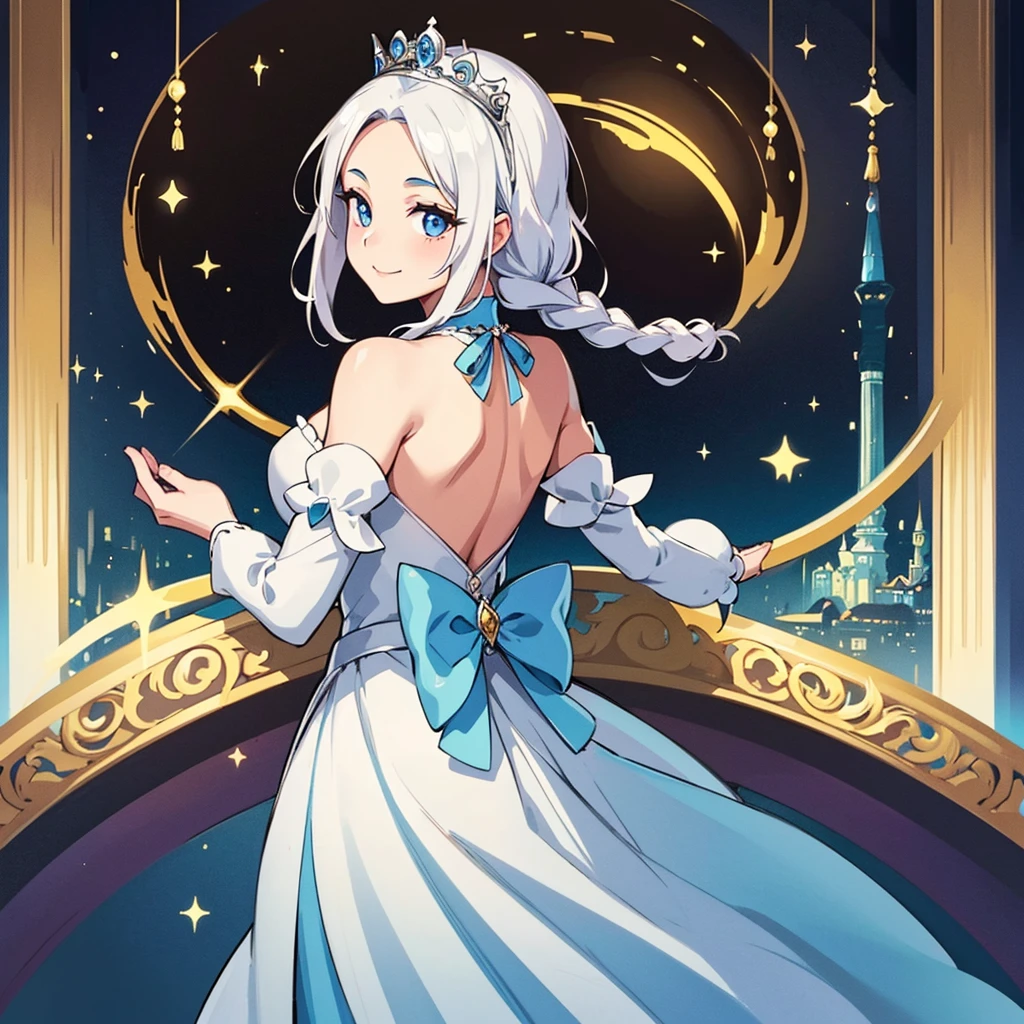 ((((Solo))))、Highest quality, Best Quality、middle ages、(((白いGorgeous dress))、(Mature Woman、Mother、40 years old)、(White Hair、Middle Reason、Does not touch the forehead、Dumpling、Braid)、(smile)、(princess、Queen of the West)、(Gorgeous dress、Shoulder)、tiara、(city)、(smile)、(From the back、back view)、(Looking into the distance)