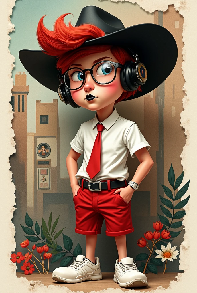 **Channeling the fierce spirit of a suave 20 year old cowboy in a wide brimmed hat, red tie, and round glasses, with a white shirt and red shorts🎬 Realistic 4d caricature of a big head, trendy anthropomorphic man wearing white shoes, black headphones and ( black! lipgloss!), with red hair in a stylish layered collage - layers; dark art, stylish innovative street art, iconic portraits, torn paper, fragmented shapes, hyper-realism with intricate details, complementary colors, soft lighting, ultra-clear textures,uhd,16k