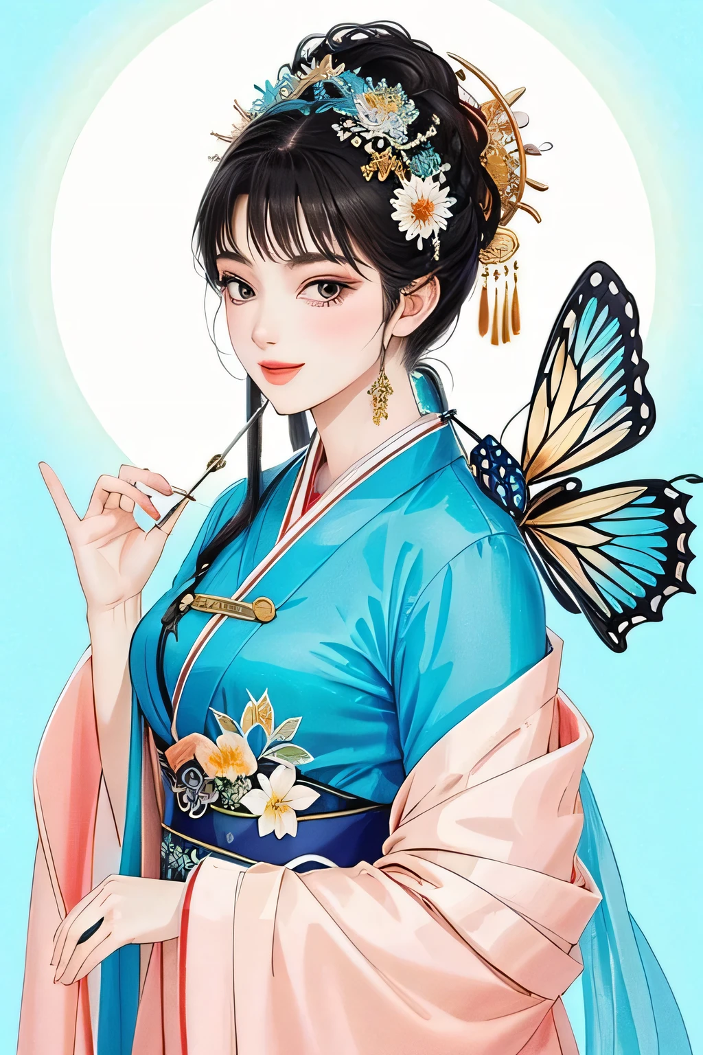 masterpiece, high quality,1girl,looking at viewer,east asian architecture,moon,butterfly, upper body,