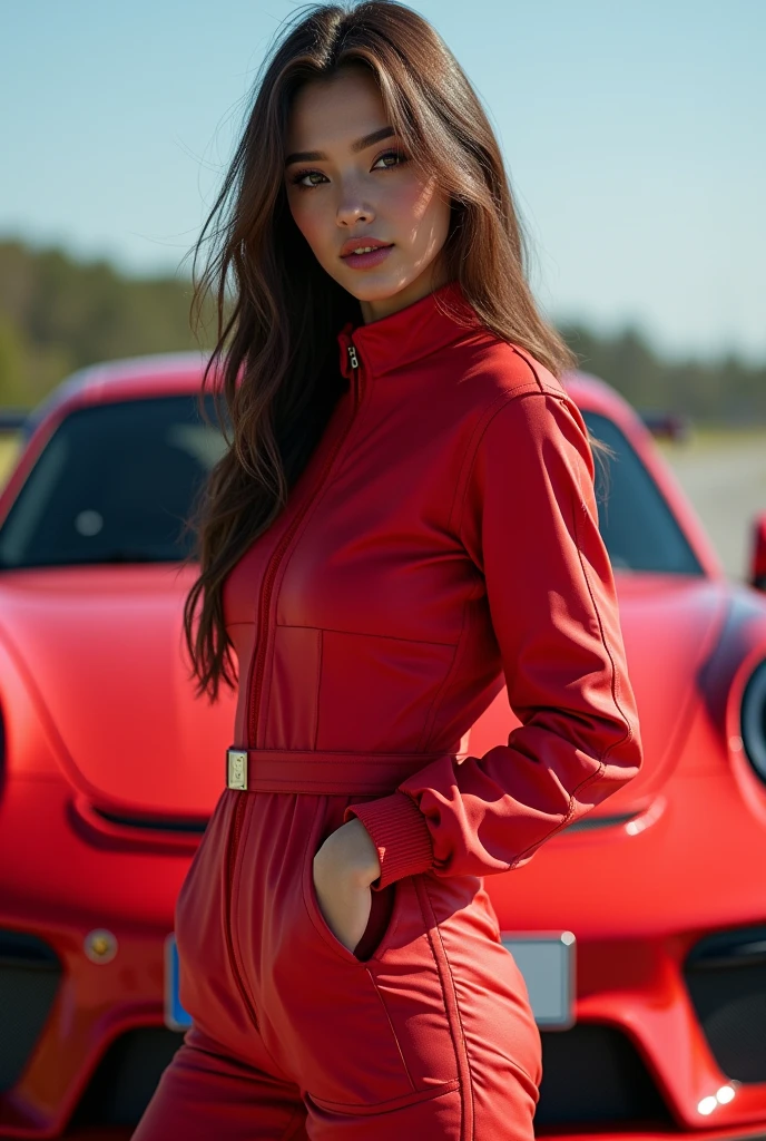 Futuristic young woman, in a red Porsche suit by gesaffelstein, action pose, epic scene, lots of fine detail, movie style, photography, natural textures, natural light, natural blur, photorealism, cinematic rendering, ray tracing, highest quality, highest detail, Cinematic, Blur Effect, Long Exposure, 8K, Ultra-HD, Natural Lighting, Moody Lighting, Cinematic Lighting, hyper-realistic, vibrant, 8k, detailed, ultra detail,