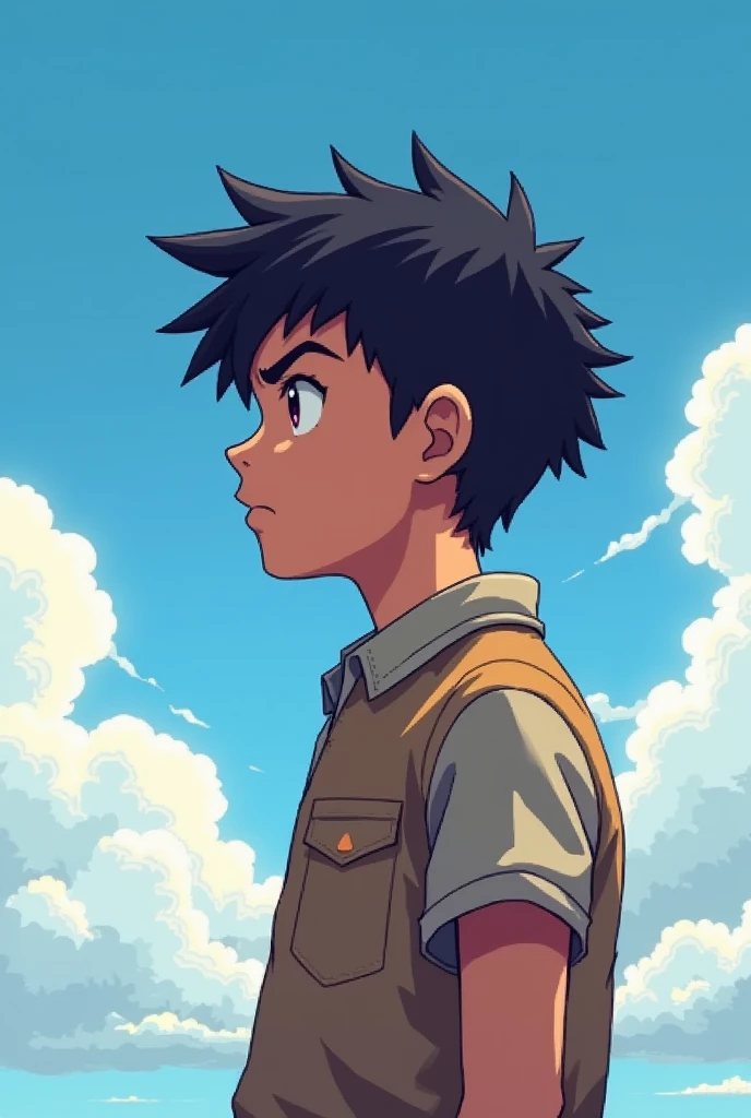 create a custom avatar that repressents a boy ready to conquer with a sky background. It should be a pixel image i need a pixel image of side face only