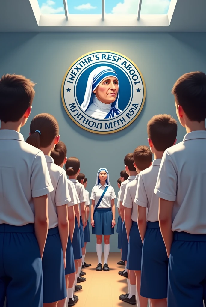 Students are standing in school assembly wearing white shirt and blue pants school emblem Denotes mother theresa images