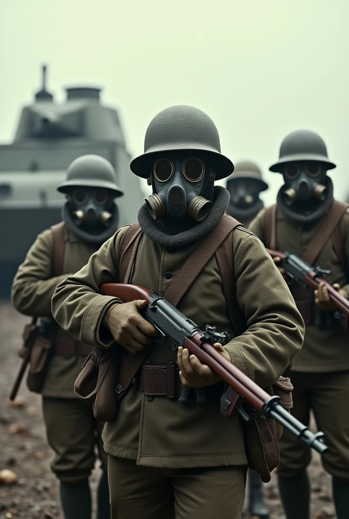 Hello, Please create a picture of World War I. realist. With gas masks, and on the other side are the enemies with gas masks covering the entire face of the soldiers and weapons. And there are war tanks