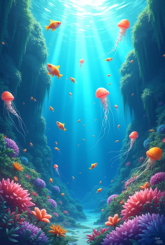 Sea,bright,fish,jellyfish,Swimming,flow,Coral,Waterweed,Flowers fluttering,beautiful,Colorful,high resolution,Anime Style,Makoto Shinkai style