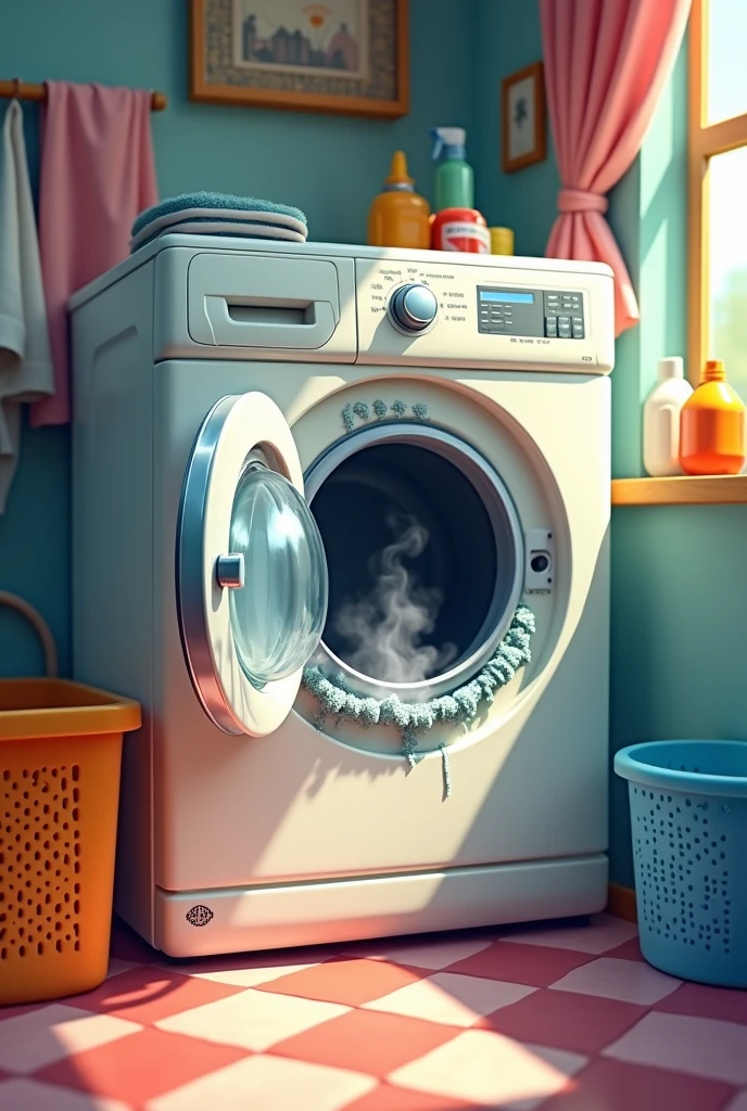washing machine door with a bad smell from the inside, in the style of an animated film