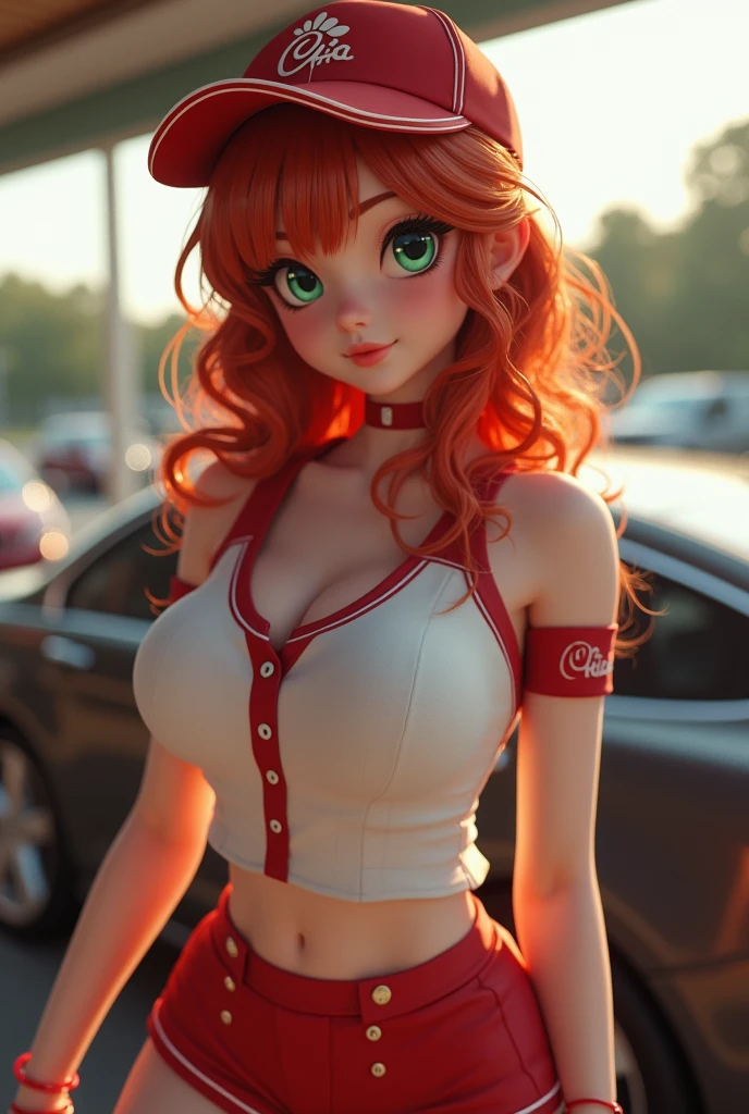 1girl, unbelievably stunning, yo, (slender petit frame:1.2), (large naturally sagging breasts:1.2), braless, cleavage, beautiful detailed green eyes, redhead, (cute:1.1), very pale skin, (adorable:1.1), taking viewer's order in the drive thru car line while (standing outside the restaurant:1.3), Chick-Fil-A, cute uniform with short shorts and Henley shirt and (visor:1.1), (best quality,4k,8k,highres,masterpiece:1.4),ultra-detailed,(realistic,photorealistic,photo-realistic:1.34),HDR,studio lighting,vivid colors,bokeh,(girl's emotions: bashful, coy, demure, coquettish, kittenish,awkward),(viewer's emotions: aroused, attracted, lust, infatuation, fascination, seduced)