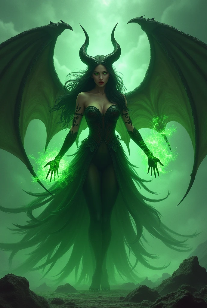 A touch of green evil female magic with horns and wings. Long hair and even more green dark dragon magic