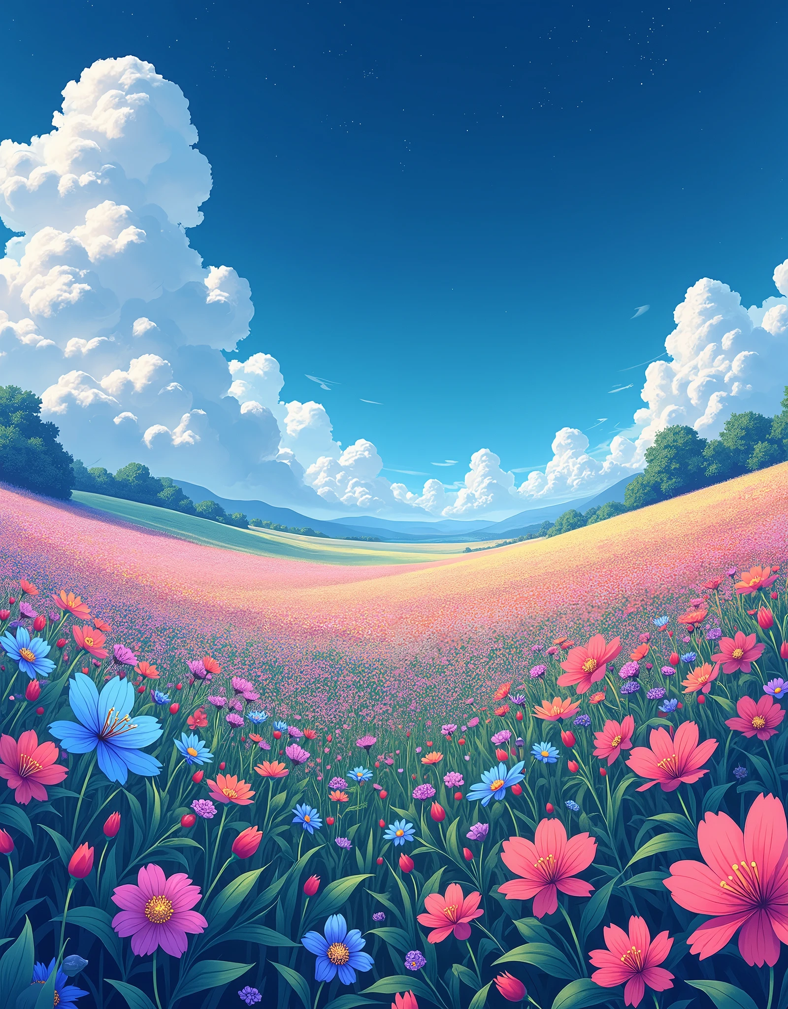 "Create a highly detailed anime-style illustration of a vast, enchanting field full of vibrant, fantasy flowers under a partly cloudy sky. The scene is set on a gently sloping hill, with the flowers in every color imaginable, creating a dreamlike, almost surreal atmosphere. The landscape should resemble a beautiful anime nature wallpaper, capturing the tranquility and peacefulness of the setting.
In the background, a lush, flowery hill adds depth to the scene, with the vibrant blossoms contrasting against the soft, cloudy sky. The blue flowers in the field should stand out, adding a touch of calmness to the otherwise colorful landscape. The entire scene should evoke the aesthetics of a colorful anime movie background, with a strong focus on the harmony between nature and fantasy.
As the viewer's eye moves across the scene, they should be drawn into the rich, picturesque colors that make the landscape appear almost otherworldly, as if it were a dream. The night sky, full of stars and illuminated by a subtle glow, adds a touch of magic to the field, making the flowers appear even more vibrant and surreal, like something out of a psychedelic dream.
The artwork should be a 4K UHD digital painting, emphasizing the richness of colors and the intricate details of every flower, leaf, and cloud. The overall composition should be a beautiful blend of realism and fantasy, capturing the essence of dreamy anime landscapes and creating a gorgeous, peaceful atmosphere that feels both serene and otherworldly. The digital painting should be highly detailed, showcasing the stunning beauty of nature in an anime art style