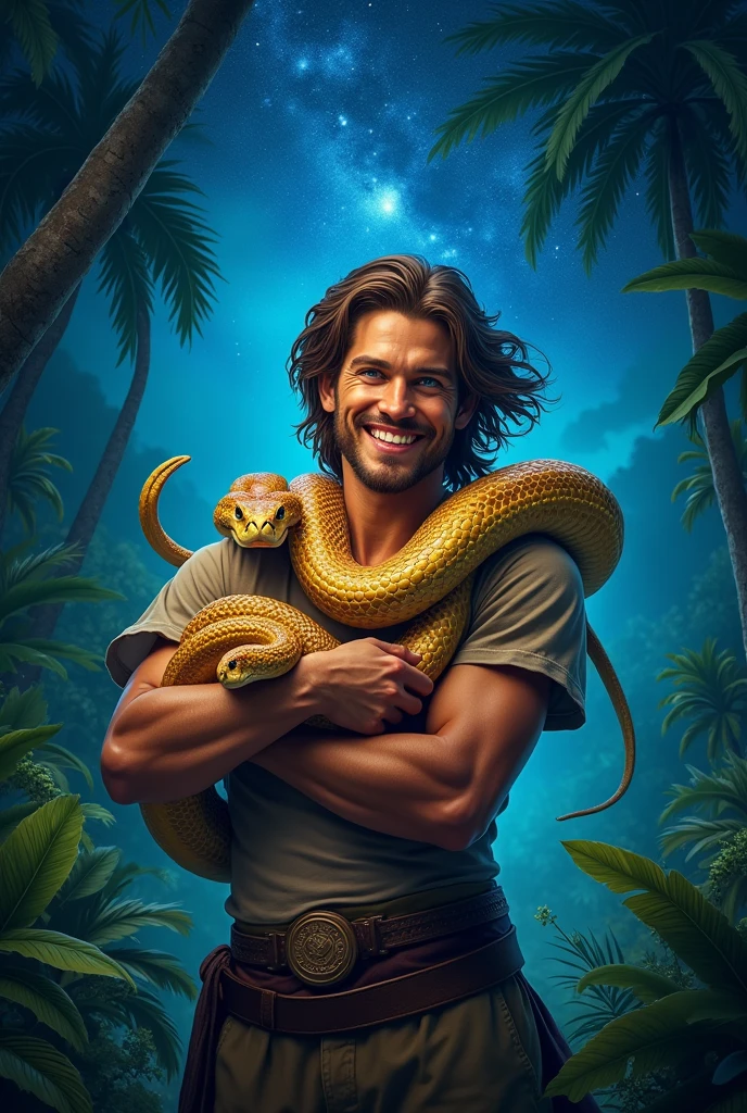 A  with brown hair and blue eyes, Happy man hugging a poisonous snake in a tropical jungle with starry sky 