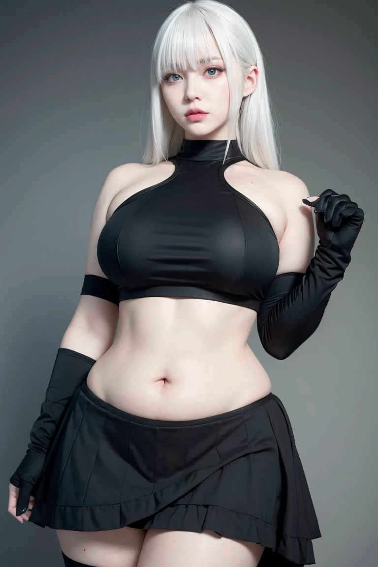White Haired Girl,With bangs, Black gloves, Crop top, skirt, Goth, Green Eyes,4K, masterpiece, Perfect body, Dry,Perfect Eyes, Perfect Shading, Perfect lighting, Highest quality, Artwork, Super detailed, Detailed clothing、Plus Size、Plump、Chubby