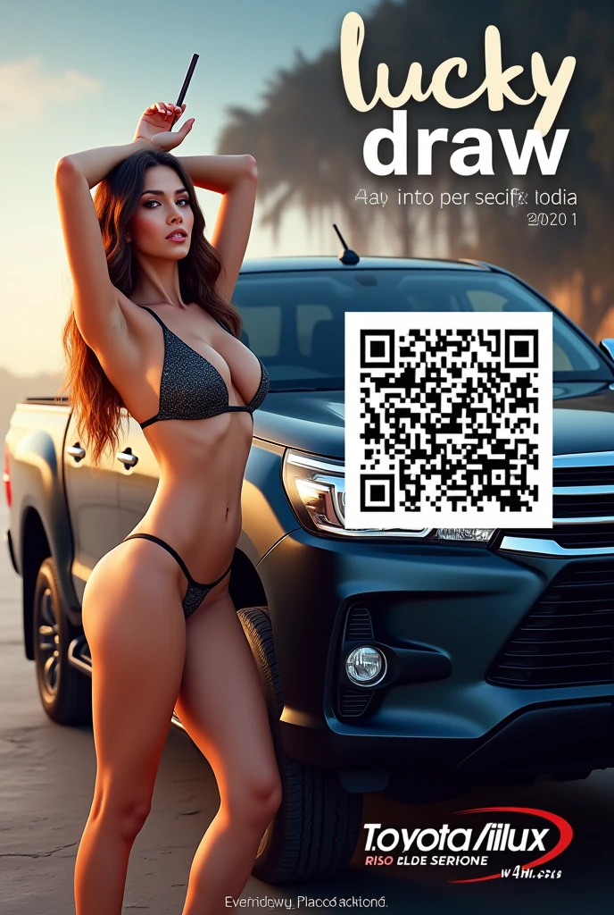 Poster : Qr barcode with Lucky draw one toyota hilux for who's scan it. Realistic Cute pretty model beside car with bikini and sex stick.
Name of 