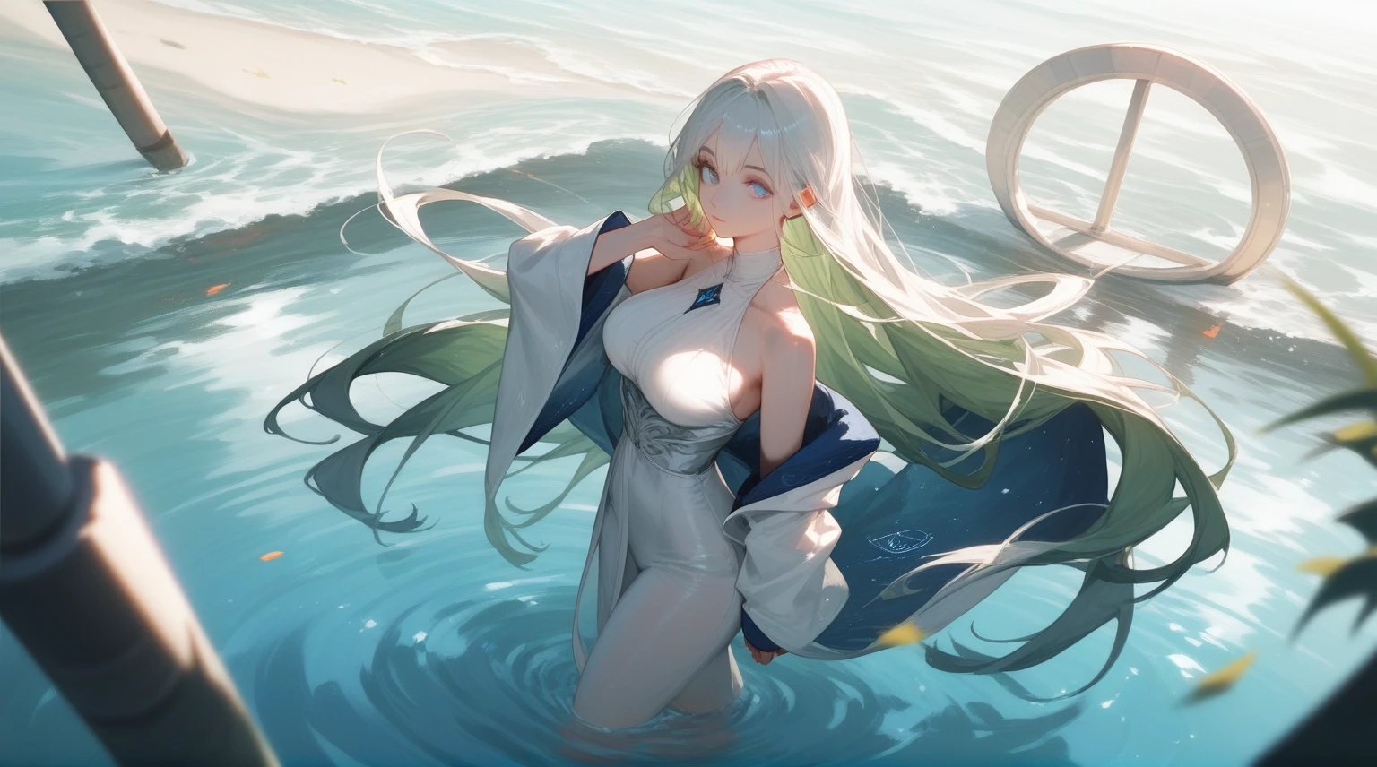 露肉Long hair,woman,White hair,Dark green hair,White clothes,robe,People standing on the water,,Shallow beach,Stream,field,Overlooking,Realistic skin,Perfect anatomical structure, Deep blue eyes,Original hairstyle, Dynamic Angle,Bare belly,Large Breasts, Big Ass, Thin waist, Long hair,Good lighting,Noticeable shadows,Light and Shadow,Reflections in the water