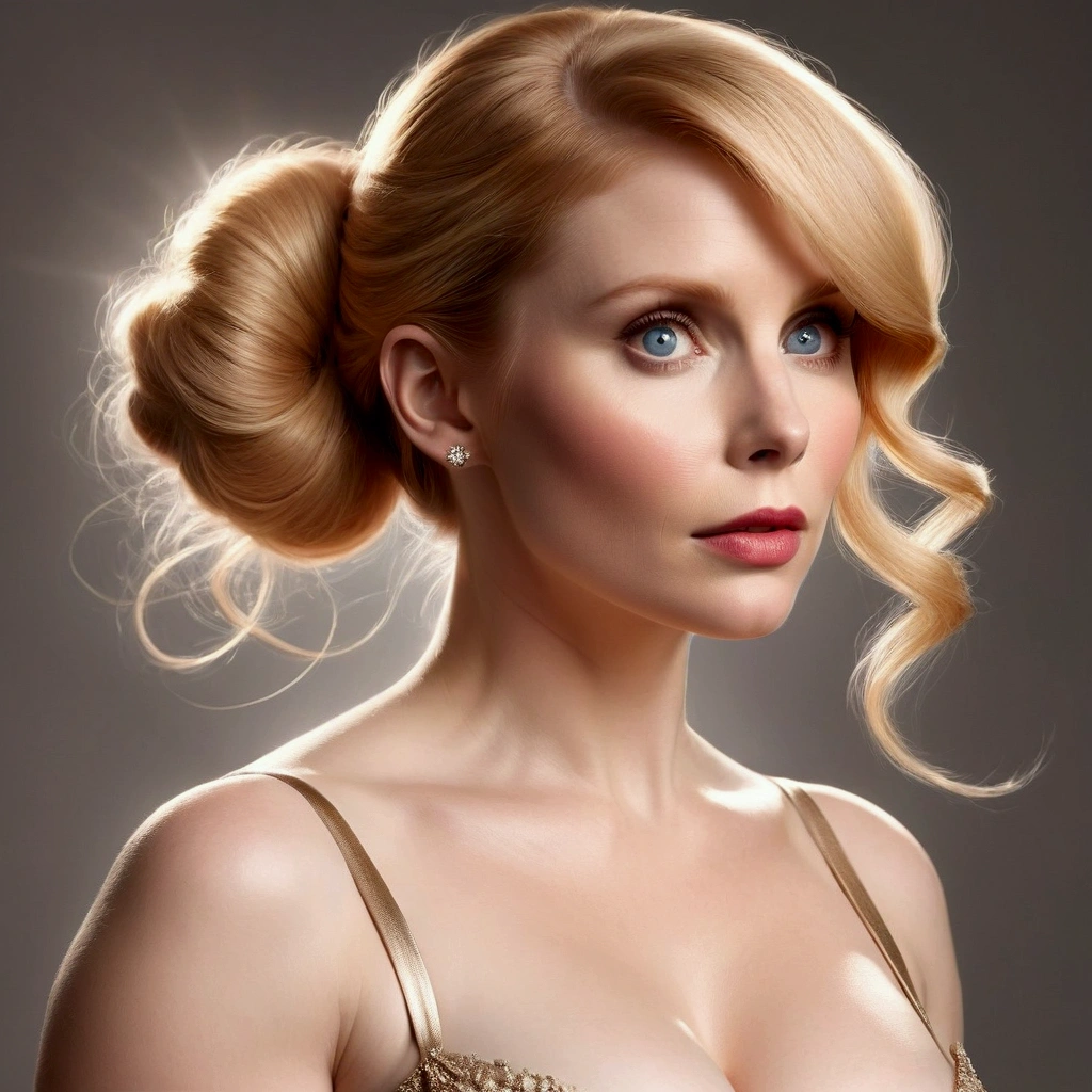 HYBRID FACE BETWEEN BRYCE DALLAS HOWARD AND AMY ADAMS, BUST IMAGE STYLE, STUDIO IMAGE STYLE, DIFFUSED LIGHTS ON FACE, STRONG BACK LIGHTS, CLOSE FACE SHOTBLACK, BLONDE BUN HAIR STYLE, VERY LIGHTNING BLONDE HAIR, VERY PALE SKY, HIGH CHEEKBONES, ROSY CHEEKS, GORGEOUS LIPS, SOFT LIPSTICK, VOLUMOUS BREASTS, STRAPLESS CLEAVAGE, ENIGMATIC FACE EXPRESSION, HIGH QUALITY IMAGE, MASTERPIECE, 8K